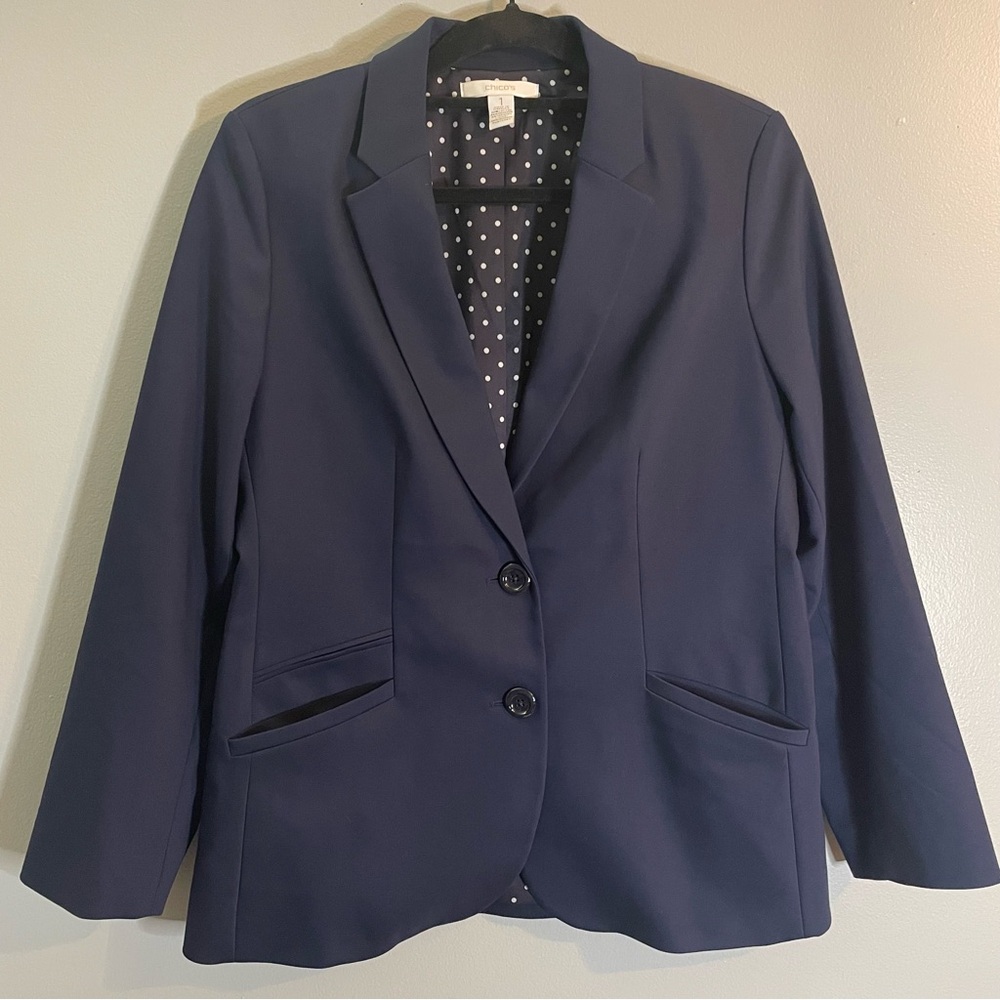 CHICO’S Women’s Navy Blue Blazer Jacket Polka Dot Lining  SZ/1